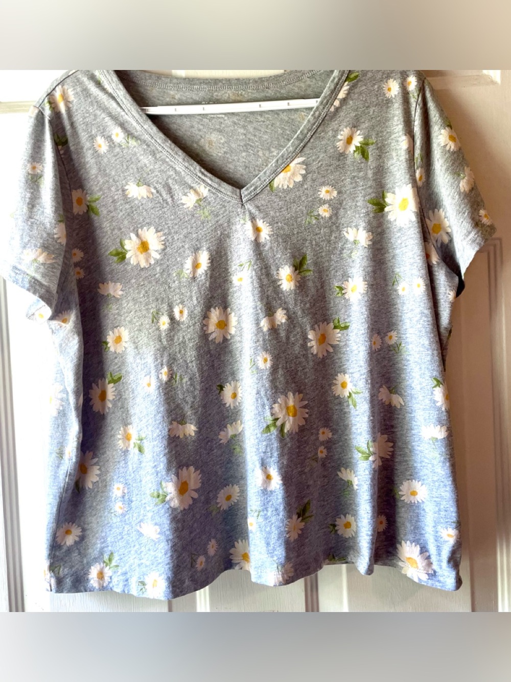 Old Navy Everywear White Yellow Daisy Print Gray Heather Short Slv Tee Shirt XL